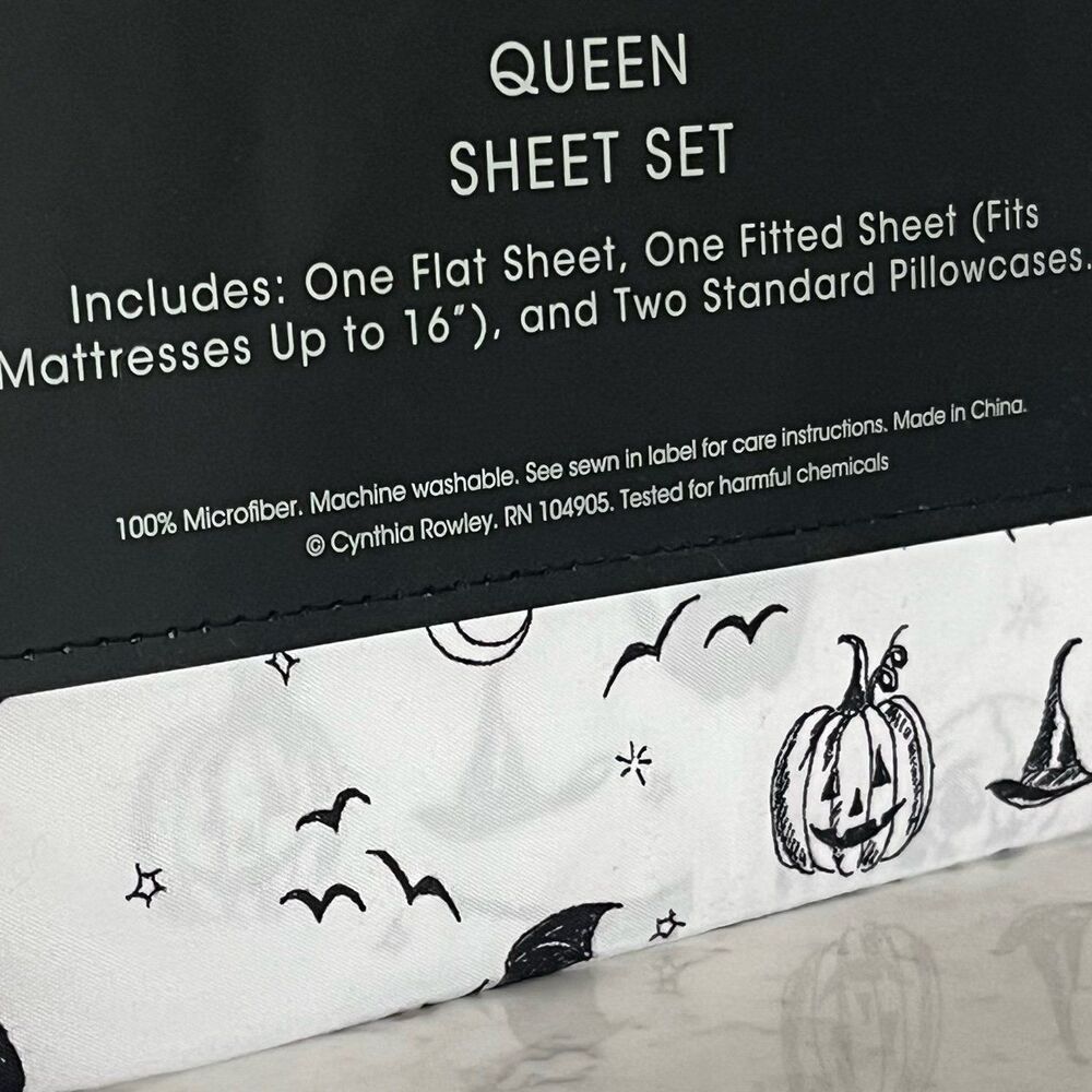 Cynthia Rowley Halloween Black Cat Pumpkin Moon Skull Bat Sheet Set (Queen) - Picture 3 of 3